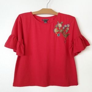 Chelsea & Theodore coral red 3/4 bell sleeve top Embroidery Flower